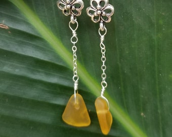 Yellow seaglass earrings hung from sterling silver