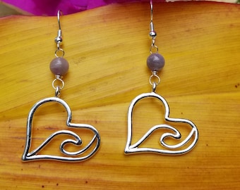 Amethyst gemstone bead and silver heart wave earrings