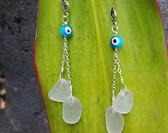 Turkish evil eye and white seaglass earrings on sterling silver