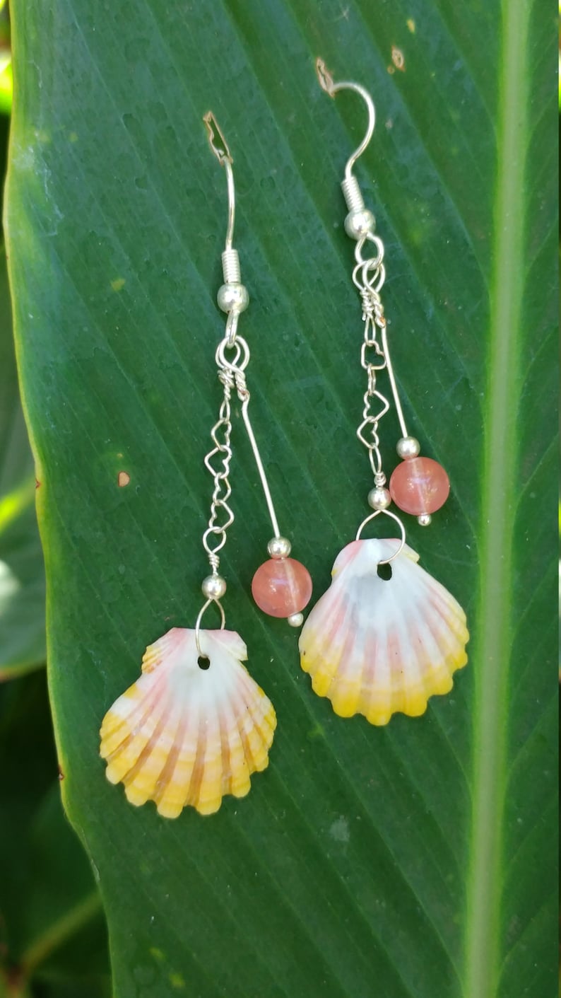 Sunrise shells and cherry quartz earrings on sterling silver heart chain