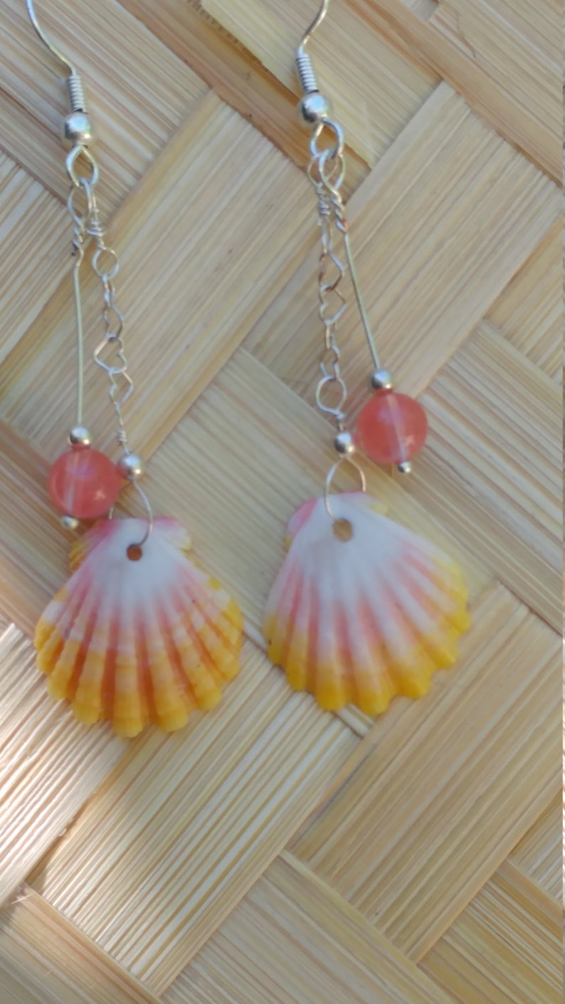 Sunrise shells and cherry quartz earrings on sterling silver heart chain