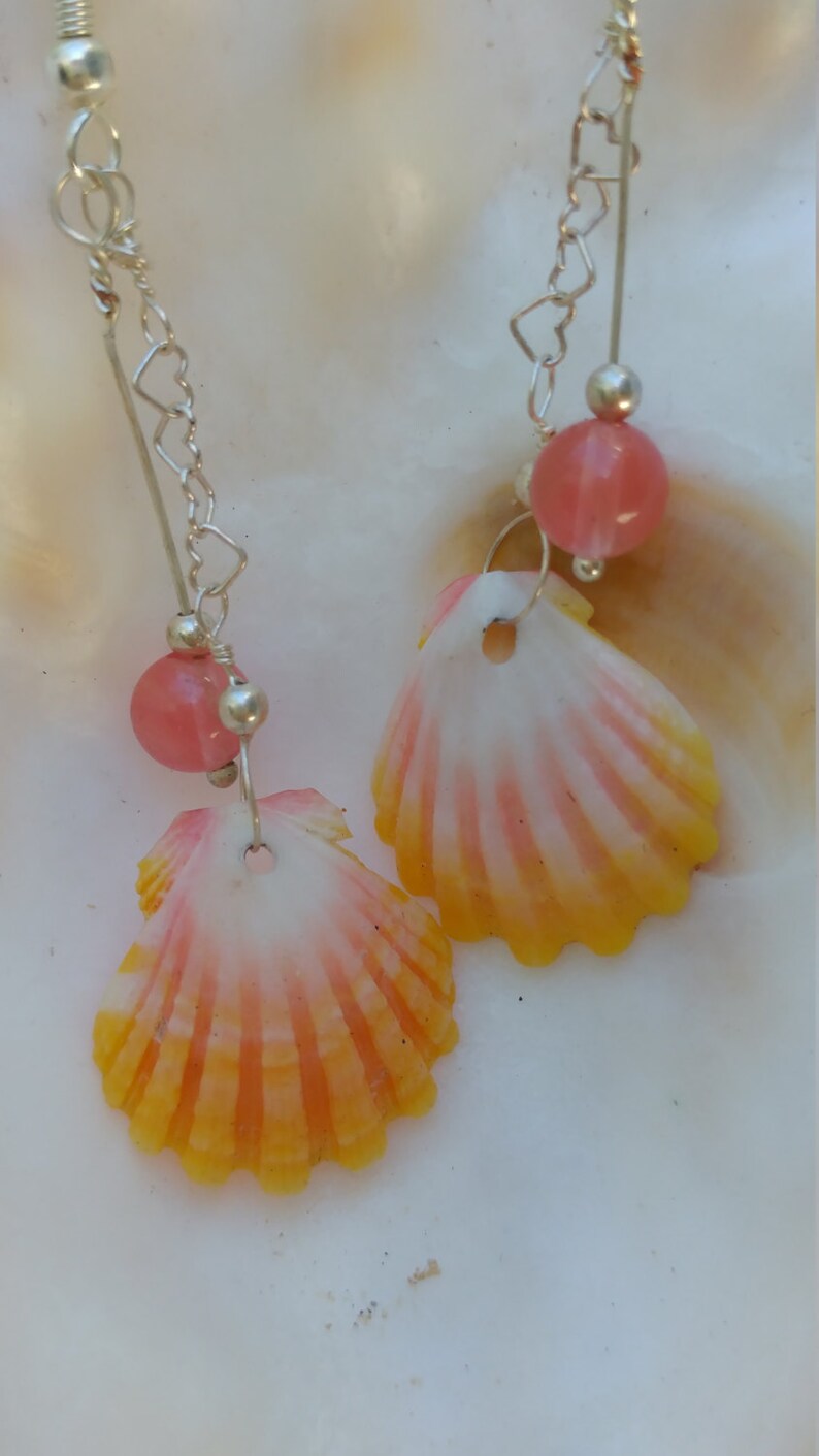 Sunrise shells and cherry quartz earrings on sterling silver heart chain