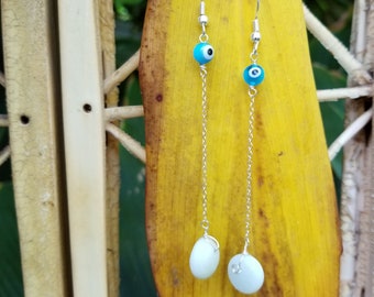 Turkish evil eye and milkglass earrings on sterling silver