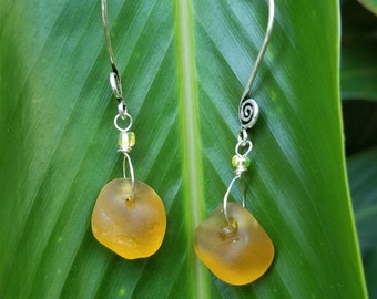 Golden yellow chunky seaglass earrings on sterling silver with czech glass bead