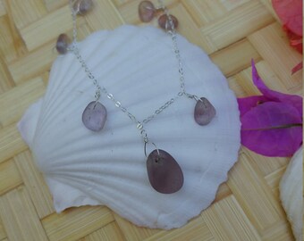 Lavender seaglass necklace wrapped in sterling silver wire hung on sterling silver chain