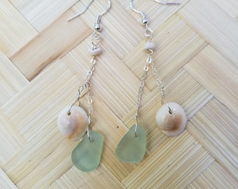 Pale blue green seaglass earrings with puka and operculum shells  on sterling silver