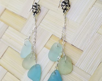 Triple blue waterfall earrings of genuine Maui seaglass and sterling silver