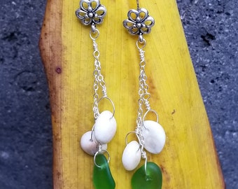 Emerald green seaglass and operculum shell earrings on sterling silver