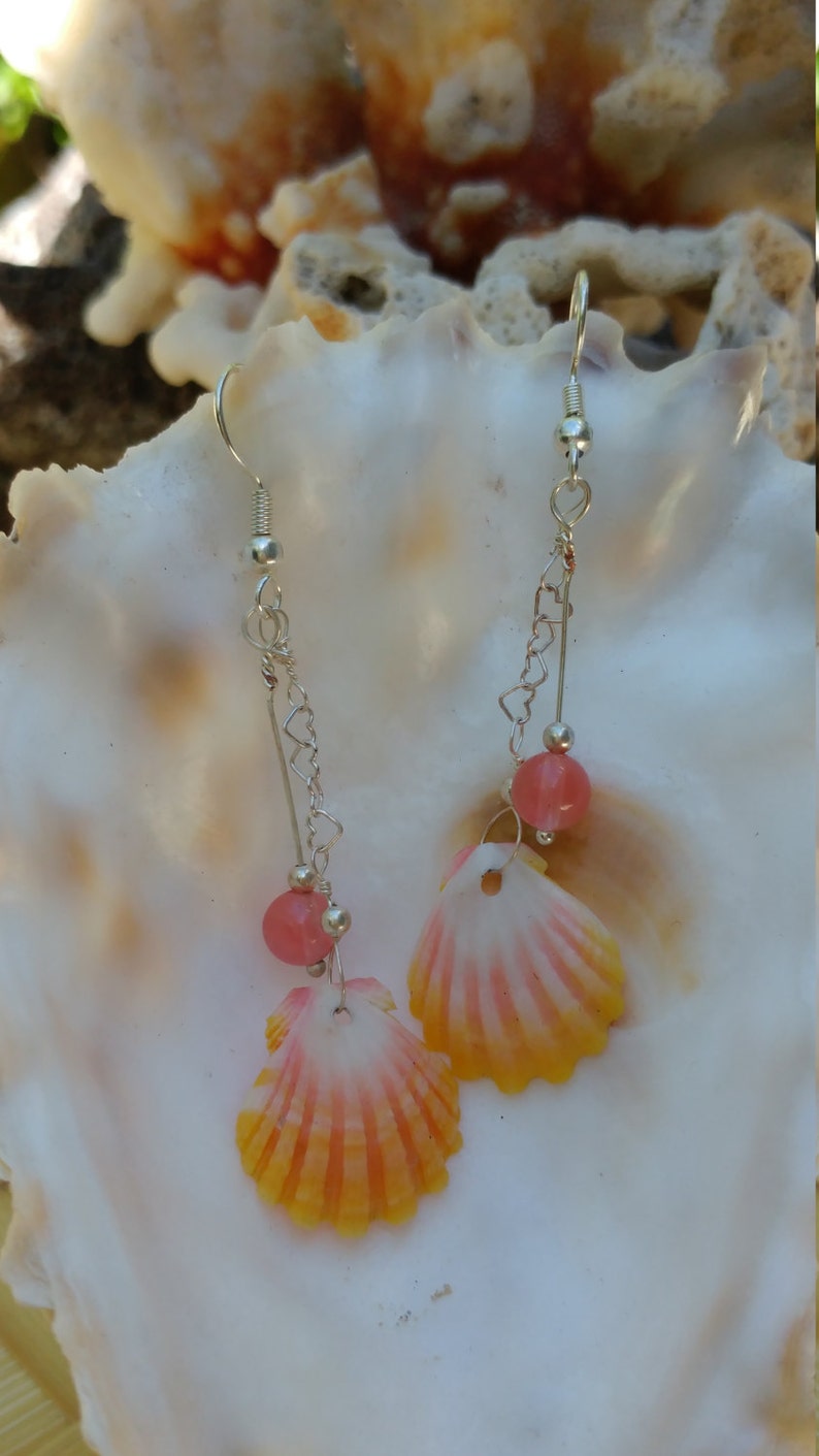 Sunrise shells and cherry quartz earrings on sterling silver heart chain