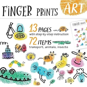 May include: A set of 13 printable pages with step-by-step instructions for creating 72 finger-painted items. The items include animals, insects, and transportation. The pages are labeled "Finger Prints Art" and feature colorful illustrations of the items.