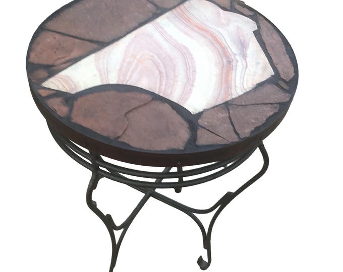 Rhyolite Stone Accent Table: Folk Art Recycled Iron Base