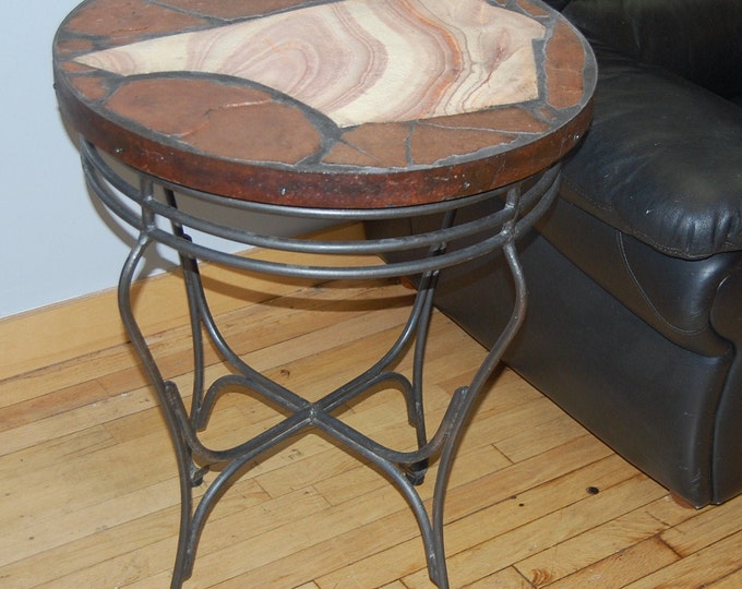 Rhyolyte: A natural stone topped folk art table with a Utah rhyolyte slab focus on a recycled base