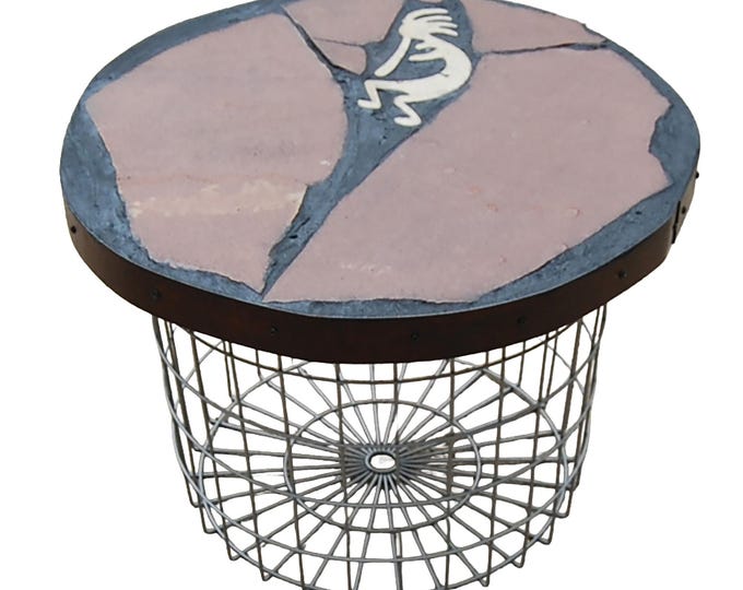 Kokopelli Fossil Tile Side Table: Lyons Sandstone, Steel Rim (22" Diameter)
