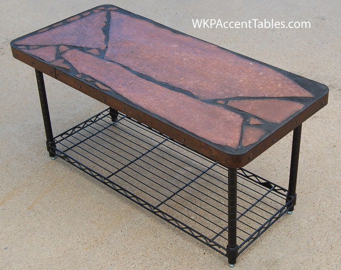 Bat Wing 175: a natural stone coffee table on recycled industrial wire shelving