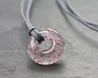 Ash jewelry necklace Circle mini ashes pink violet - keepsake of deceased pet - urn - glass