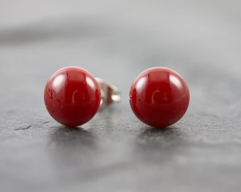 Handmade glass earrings – minimalist earrings timeless & elegant stainless steel stud jewelry gift for women girlfriend CherryRed