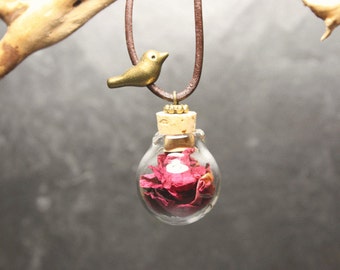 Rose ball bird - necklace pendant made of real boro glass - leather cord necklaces women Christmas gifts girlfriend engagement gift