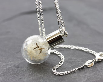 real dandelion necklace silver & stainless steel pearl cap gift CLATTISH GLASS
