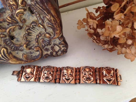 Mid-Century Comedy and Tragedy Copper Bracelet: - image 3