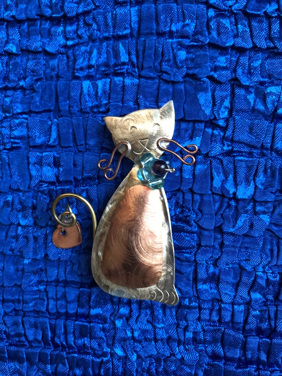 Etched Copper, Silver, and Brass Cat Pin