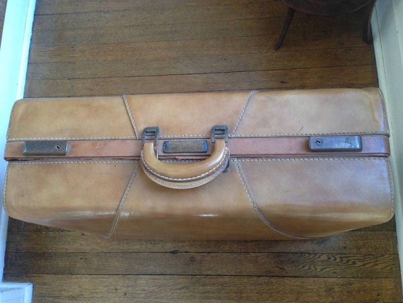 Vintage Leather Camel Suitcase, 1940s-50s image 10