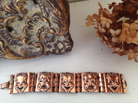 Mid-Century Comedy and Tragedy Copper Bracelet: