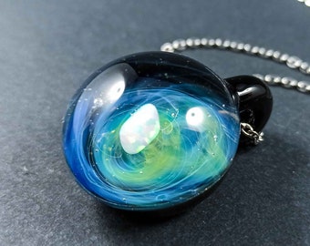 Handblown glass galaxy pendant with an opal meteor, Silver fumed space pendant, Universe Pendant with opal planet, Galaxy Pendant with Opal