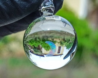 Handcrafted Clear Glass Sphere Pendant with White Crescent Moon, Unique Opal Jewelry, Minimalist Borosilicate Necklace