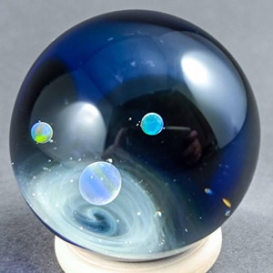 Handmade Silver-Fumed Galaxy Glass Marble – 3 Floating Opal Planets, Borosilicate Sphere with Decorated Back, Signed Art Piece