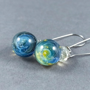 Handmade Silver Fumed Glass Galaxy Earrings, Dangle Drop Earrings, Stainless Steel Chain Threader, Handblown Sterling Silver Galaxy Earrings