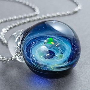 Galaxy Glass Pendant with Crescent Moon Opal – Handmade Cosmic Necklace, Blue & Silver Swirl Jewelry, Celestial Gift for Space Lovers