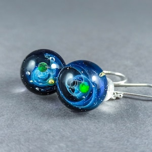Tiny glass galaxy earrings with opal planets and sterling silver earhooks