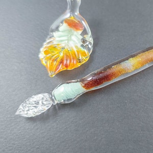Colorful Borosilicate Glass Dip Pen with Leaf Pen Rest and Optional Ink - Handcrafted Writing Instrument, Green-Orange Glass Dip Pen
