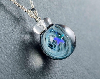 Tiny Glass Galaxy Pendant with Opal Star/Crescent Moon, Minimalist Astronomy Necklace, Mystical Jewelry