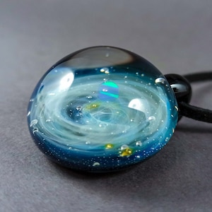 Handmade Heady Galaxy Pendant - Large Galaxy Pendant with Opal Planet, Borosilicate Glass, Silver Fumed Cosmic Jewelry, Celestial Design
