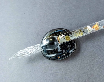 Glass Dip Pen filled with floating cog and gears, Dip Pen with Galaxy, Pen Pillow and Bottle of Ink, Glass Art Pen, Calligraphy Pen