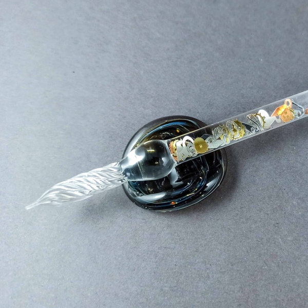 Glass Dip Pen filled with floating cog and gears, Dip Pen with Galaxy, Pen Pillow and Bottle of Ink, Glass Art Pen, Calligraphy Pen