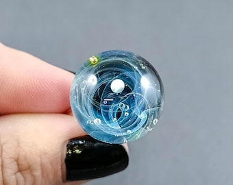 Handmade Silver-Fumed Galaxy Glass Ring with Sterling Silver Band and Opal Planet, Astronomy Ring