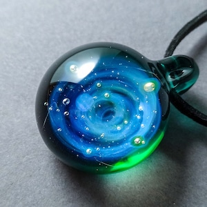 Green Galaxy Pendant - Large Galaxy Pendant with Opal Planet, Borosilicate Galaxy Pendant, Silver Fumed Cosmic Jewelry, Astronomy Jewelry
