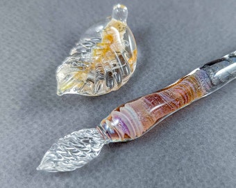 Colorful Borosilicate Glass Dip Pen with Leaf Pen Rest and Optional Ink - Handcrafted Writing Instrument