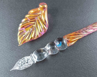 Gold and Fine Silver Fumed Glass Dip Pen with Opal, Pen Pillow, and Optional Ink – Handcrafted Glass Writing Instrument