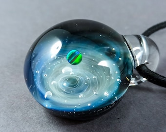 Handmade Heady Galaxy Pendant - Large Galaxy Pendant with Opal Planet, Borosilicate Glass, Silver Fumed Cosmic Jewelry, Astronomy Jewelry