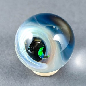 Silver Fumed Glass Galaxy Marble, With A Floating Opal Crescent Moon and Backside Decoration, Space Marble, Astronomy Glass Marble