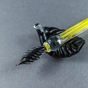 Handmade Yellow Glass Dip Pen, Pen Pillow and Bottle of Ink, Glass Art Pen, Glass Calligraphy Pen, Functional Art, Glass Pen with Black Nib