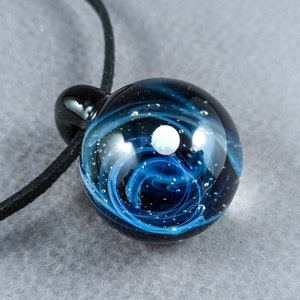 Handmade Galaxy Pendant with an Opal Planet, Space jewelry, Borosilicate Heady Galaxy Pendant, Silver Fumed Galaxy Pendant