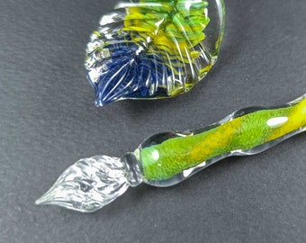 Colorful Glass Dip Pen with Leaf Pen Rest and Optional Ink - Handcrafted Writing Instrument