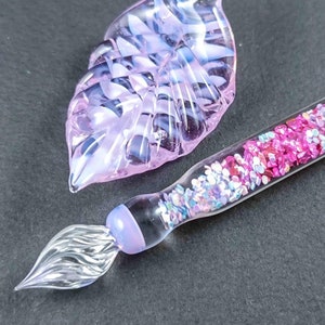 Glass Dip Pen filled with glass shards and colorful flakes, Pen Pillow and Bottle of Ink, Glass Galaxy marble Decorated Dip Pen