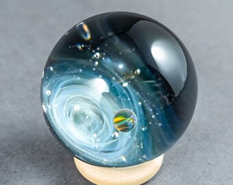 Silver Fumed Glass Galaxy Marble, With A Floating Opal Planet and Backside Decoration, Space Marble with an Opal, Astronomy Glass Marble