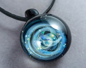 Handmade Galaxy Pendant with an Opal Crescent Moon, Space jewelry, Borosilicate Heady Galaxy Pendant, Silver Fumed Starry Galaxy Pendant