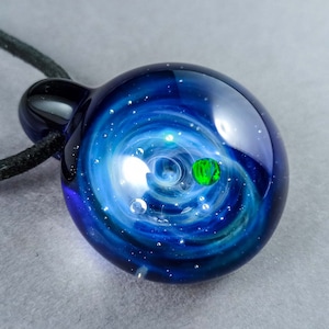 Glass Galaxy Pendant - Large Galaxy Pendant with Opal Planet, Borosilicate Galaxy Pendant, Silver Fumed Cosmic Jewelry, Astronomy Jewelry